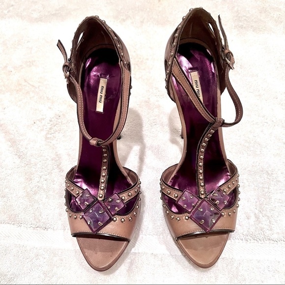 MIU MIU Y2K Coquette Victorian Embellished Leather T-Strap Tan pumps womens 9 - Picture 4 of 12